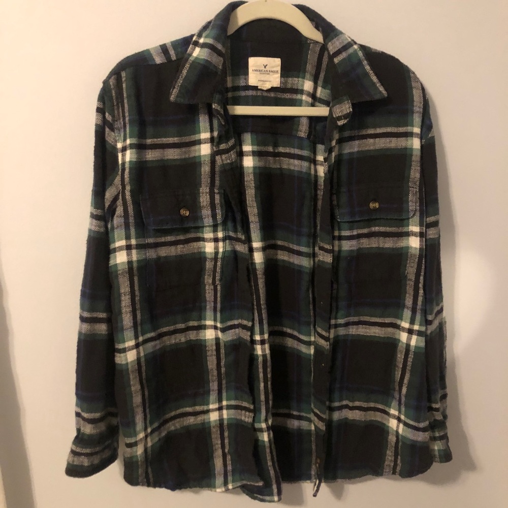 AMERICAN EAGLE BLUE GREEN PLAID FLANNEL SMALL